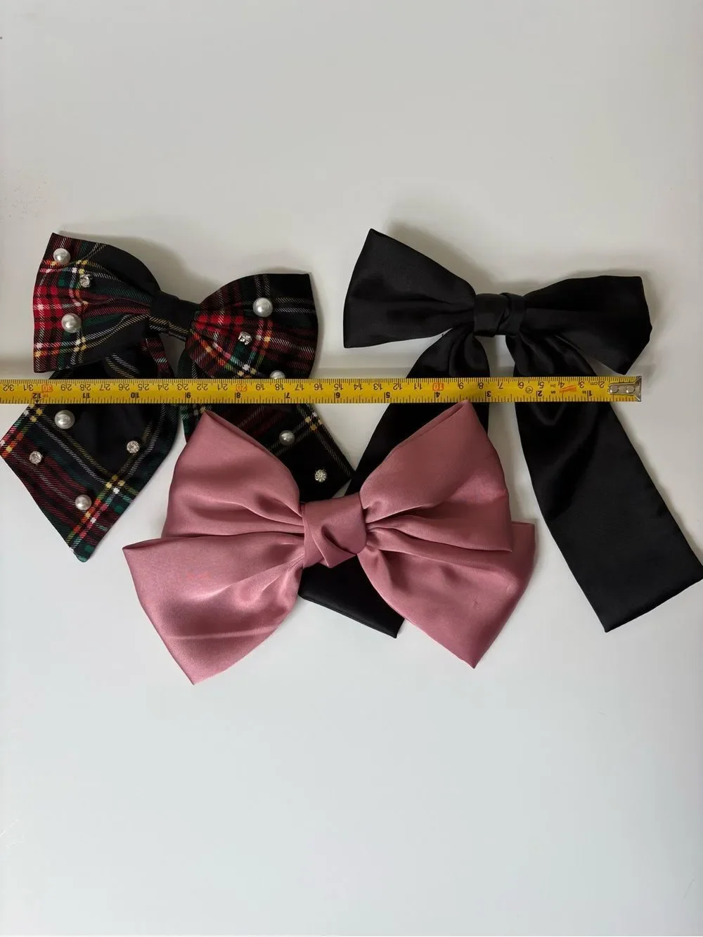 J. Crew Handmade Kids Bow Trio - Pink Satin, Black Satin & Tartan Pearl